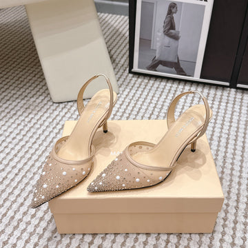Mach & Mach 26 Pointed Toe High Heels 85 Crystal Nude Beige In Sheepskin 722817