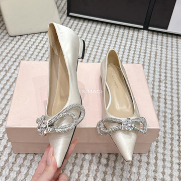 Mach & Mach 26SS Rhinestone Bow Flats Milk White In Silk 722449