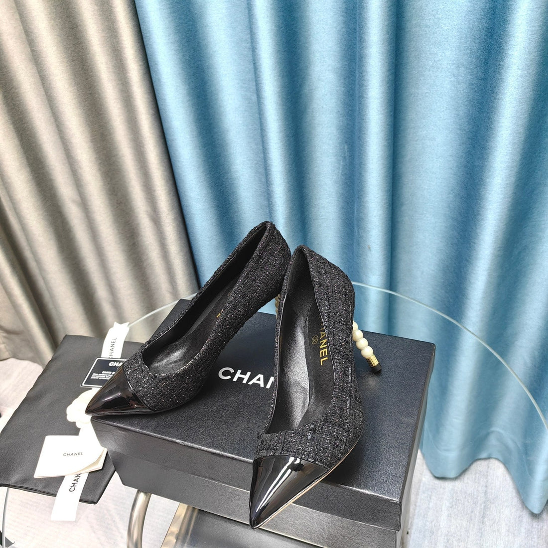 Chanel 26 Pointed Toe 85MM Pearl Black In Coarse Tweed 712805