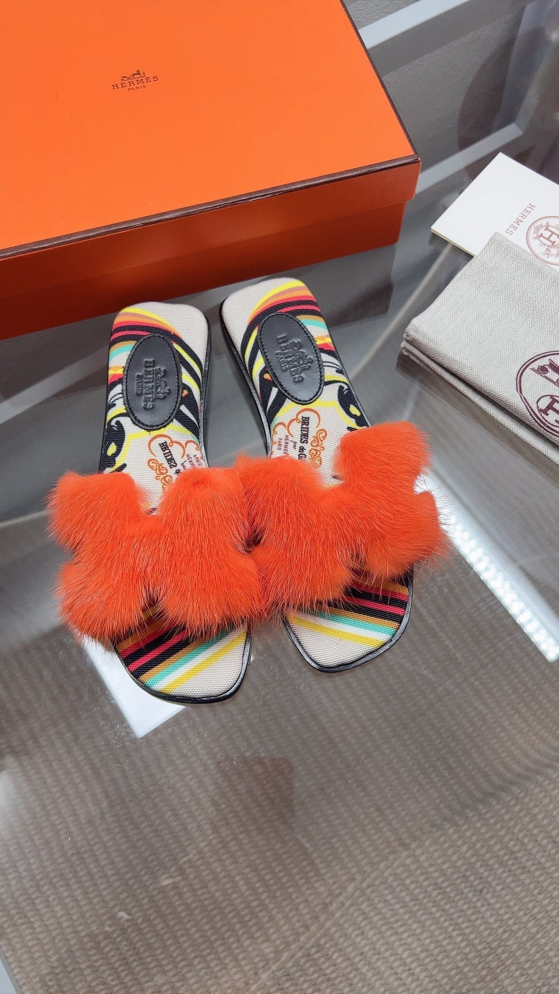 Hermes H-Style Flat Open-Toe Sandals Orange In Mink Fur 739515