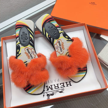 Hermes H-Style Flat Open-Toe Sandals Orange In Mink Fur 739515