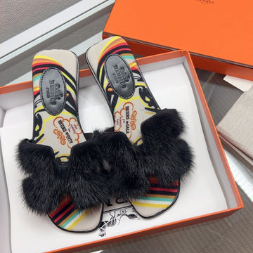 Hermes H-Style Flat Open-Toe Sandals Black In Mink Fur 739513