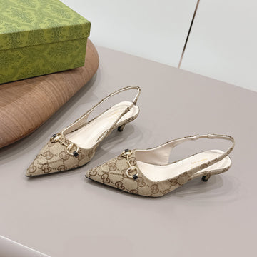 Gucci 26 Slingback 45MM Embossed Single Beige Brown In Jacquard Fabric 739364