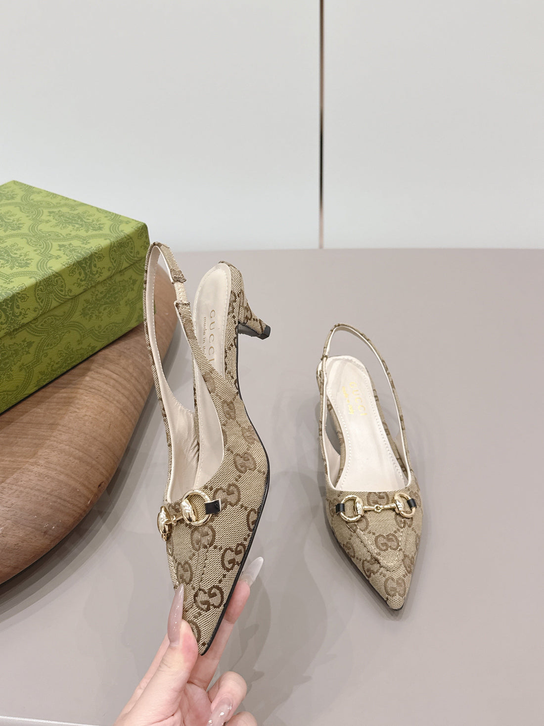 Gucci 26 Slingback 45MM Embossed Single Beige Brown In Jacquard Fabric 739364