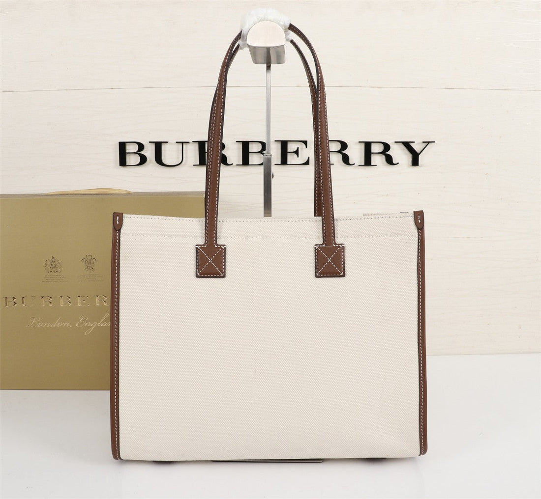 Burberry Freya Tote Bag 33CM Ivory Brown In Cowhide