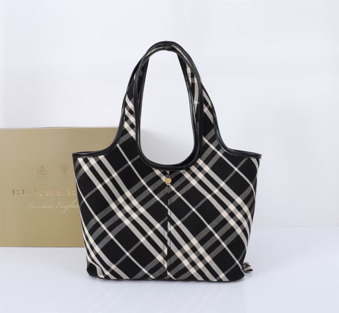 Burberry Large Check Tote Bag 41CM Black In Calfskin