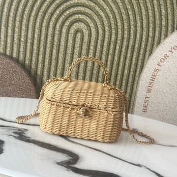 Chanel 26C Vanity Case 19.5cm Straw Color In Woven Rattan