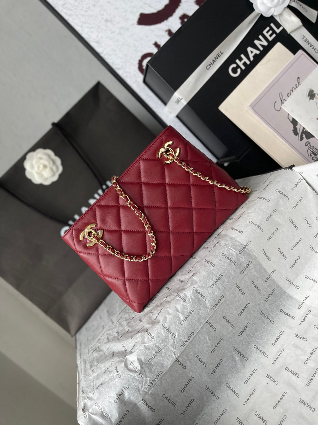 Chanel 26 Small Shopping Bag 24.5 Burgundy In Lambskin
