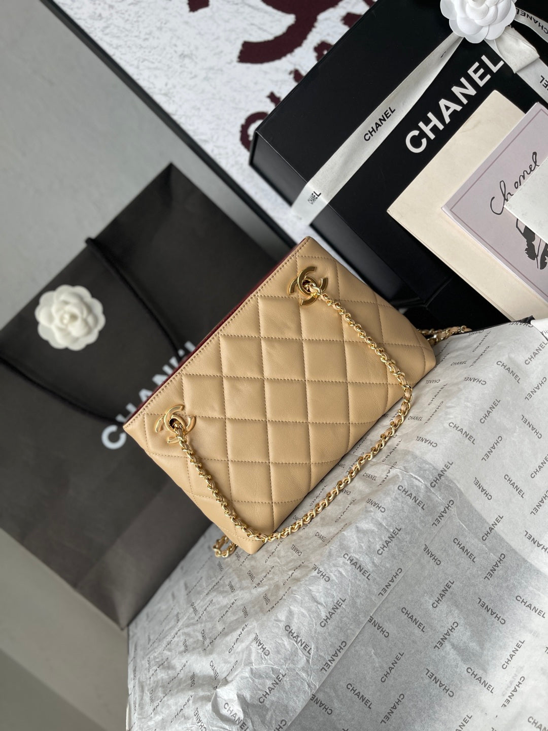Chanel 26 Small Shopping Bag 24.5 Beige In Lambskin