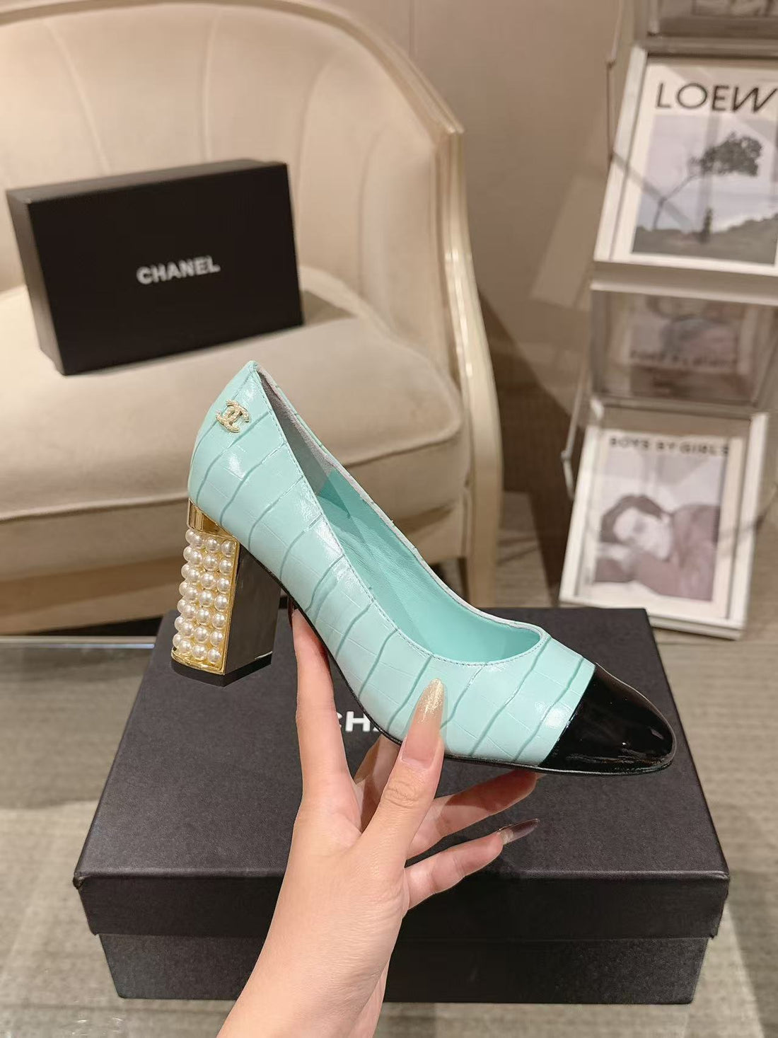 Chanel 26 Pumps Pearl Heel 80MM Turquoise In Calfskin 739573