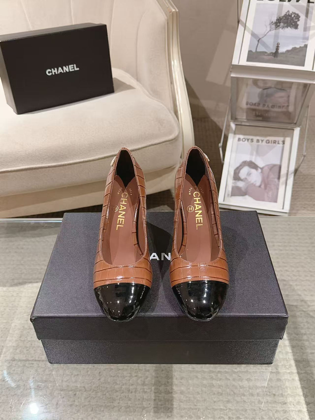 Chanel 26 Pumps Pearl Heel 80MM Brown In Calfskin 739576