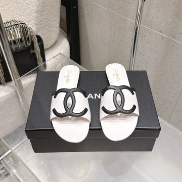 Chanel Double C Flat Slip-On Sandals White In Lambskin 740708