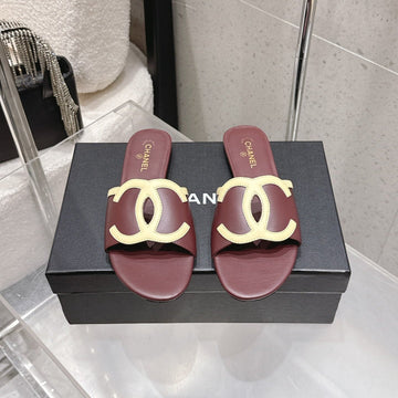 Chanel Double C Flat Slip-On Sandals Burgundy In Lambskin 740707