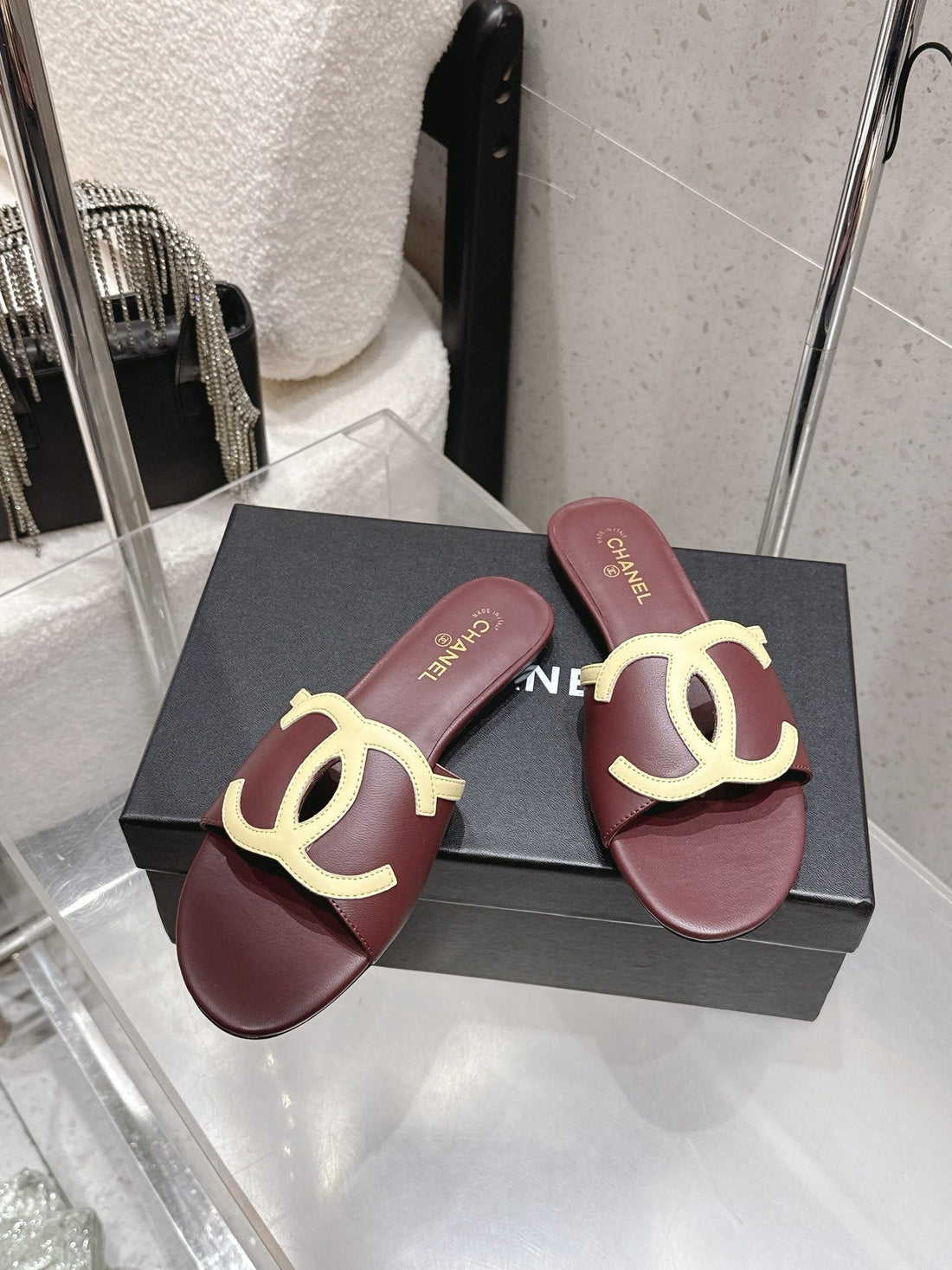 Chanel Double C Flat Slip-On Sandals Burgundy In Lambskin 740707