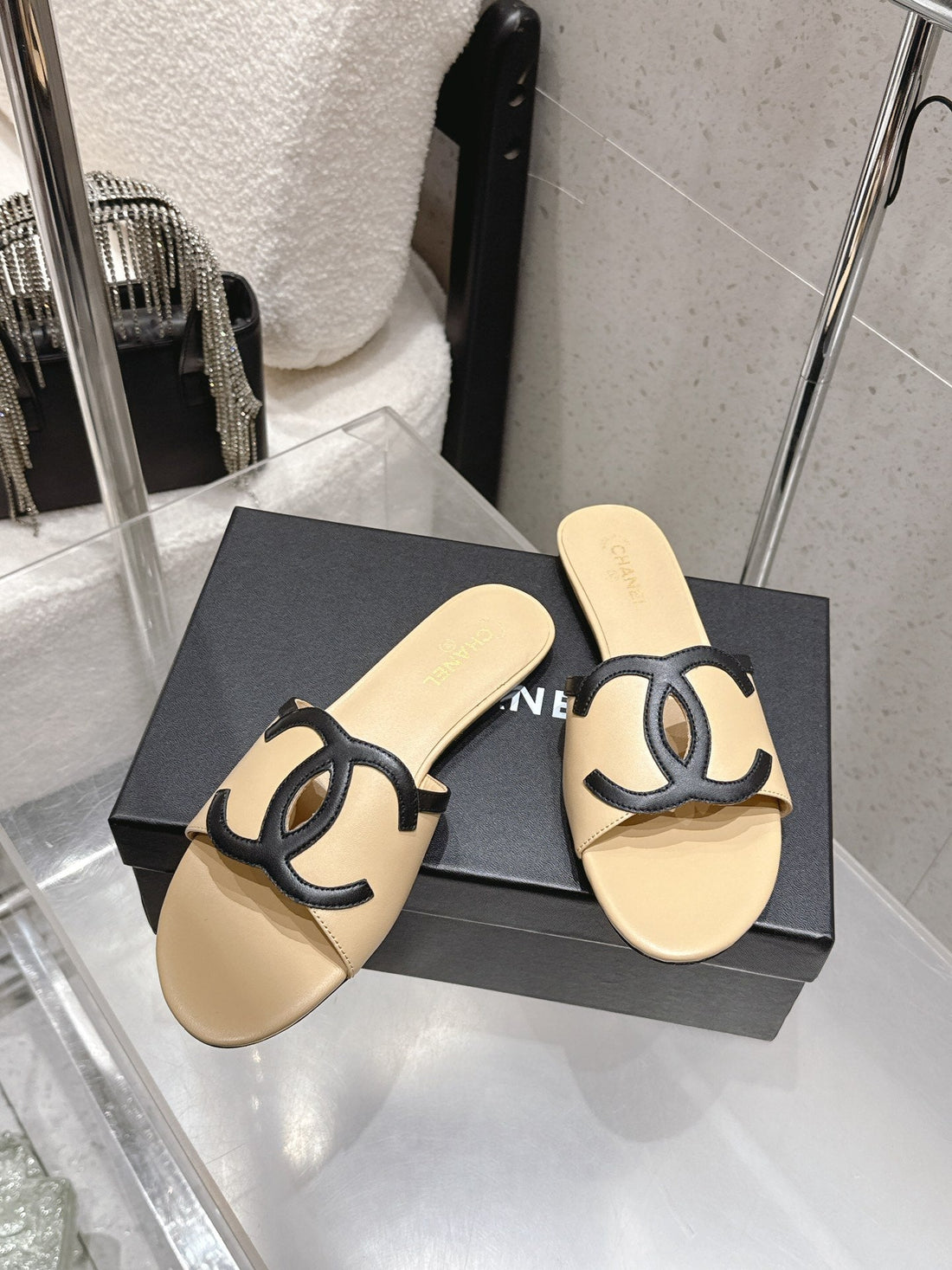 Chanel Double C Flat Slip-On Sandals Beige In Lambskin 740706