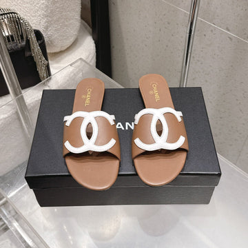 Chanel Double C Flat Slip-On Sandals Brown In Lambskin 740705