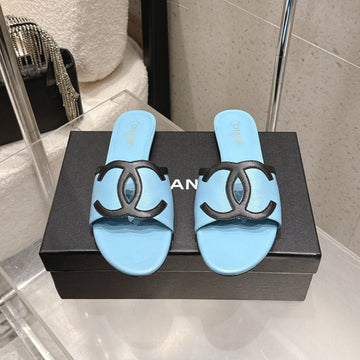 Chanel Double C Flat Slip-On Sandals Blue In Lambskin 740704
