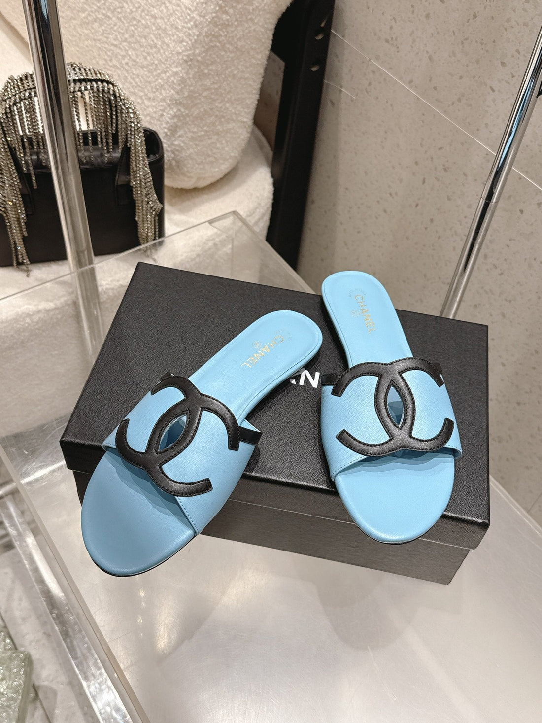 Chanel Double C Flat Slip-On Sandals Blue In Lambskin 740704