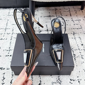 YSL Slingback High-Heeled 10.5 Black In Pvc Film 743650