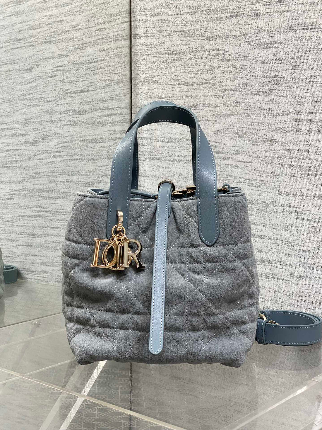 CD Toujours Vertical Bag 18CM Light Blue In Suede 286503
