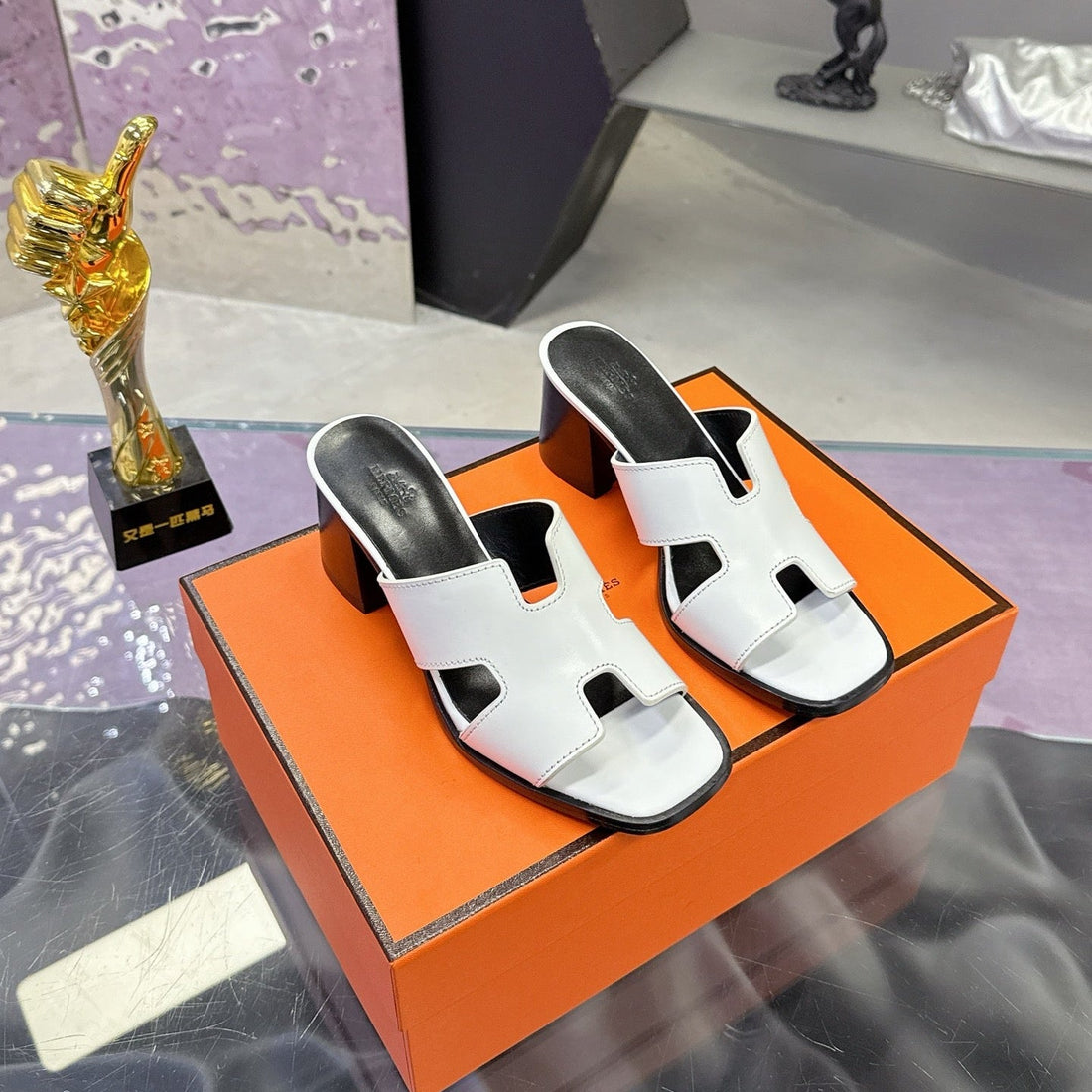 Hm Sandal 90MM White Black In Cowhide 757931