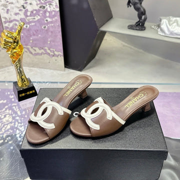 CC Double C Logo Kitten Heel 25MM Sandals Brown In Leather 757851