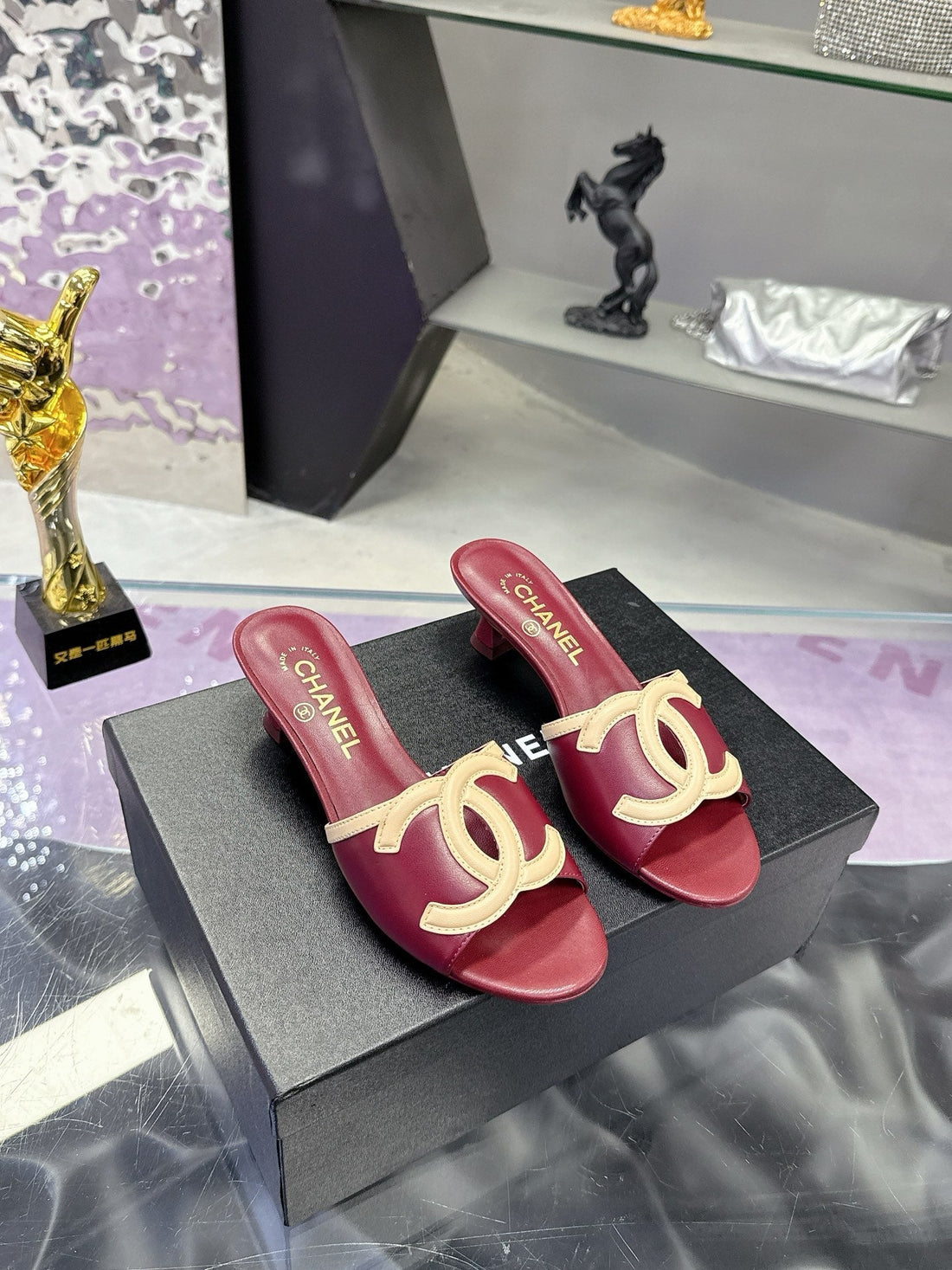 CC Double C Logo Kitten Heel 25MM Sandals Burgundy In Leather 757852