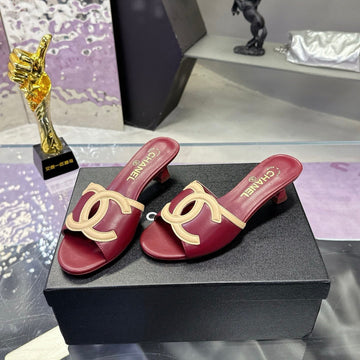 CC Double C Logo Kitten Heel 25MM Sandals Burgundy In Leather 757852