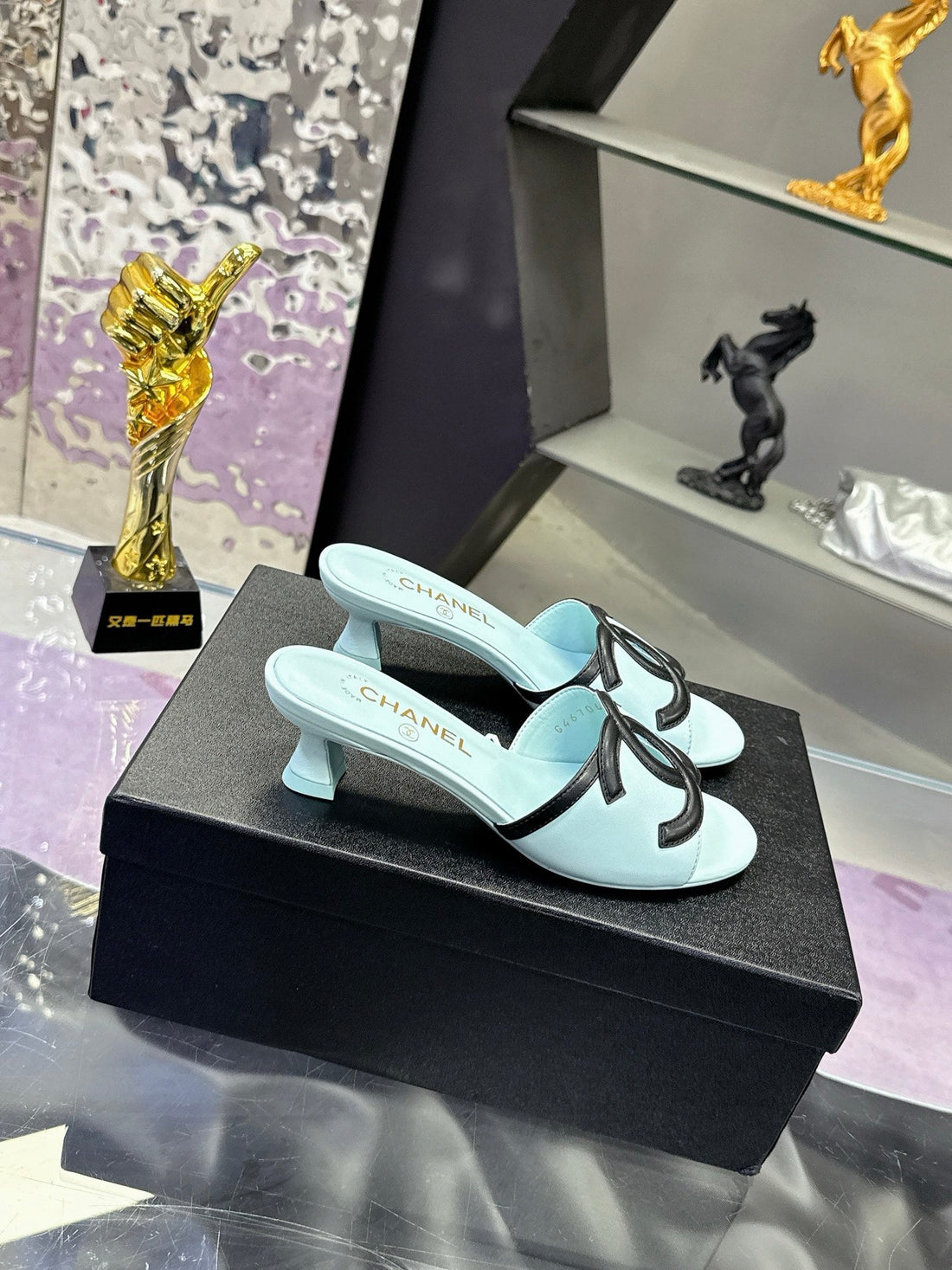 CC Double C Logo Kitten Heel 25MM Sandals Baby Blue In Leather 757854