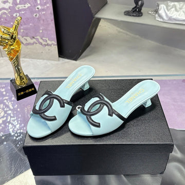 CC Double C Logo Kitten Heel 25MM Sandals Baby Blue In Leather 757854
