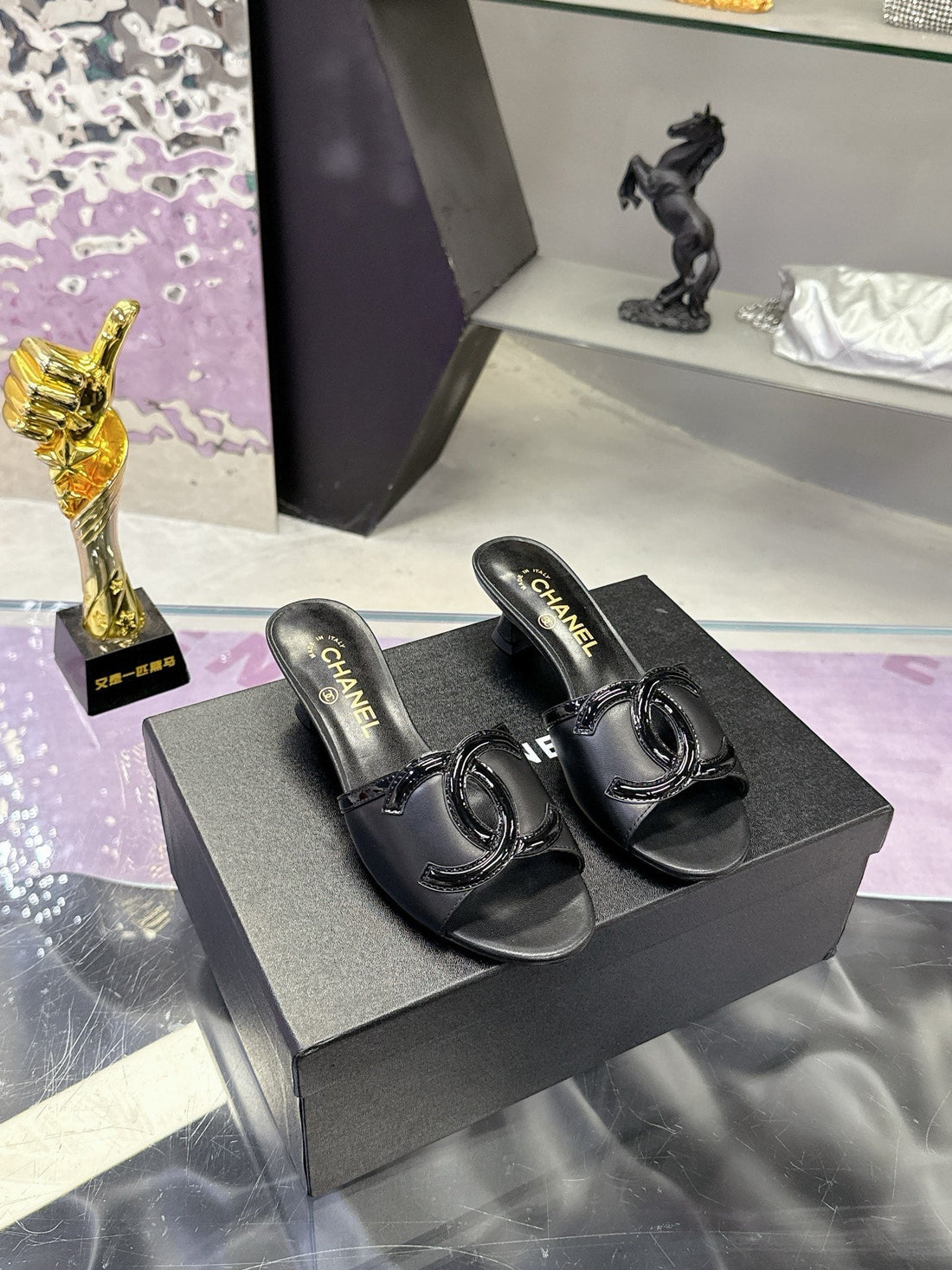 CC Double C Logo Kitten Heel 25MM Sandals Black In Leather 757855