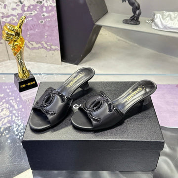 CC Double C Logo Kitten Heel 25MM Sandals Black In Leather 757855