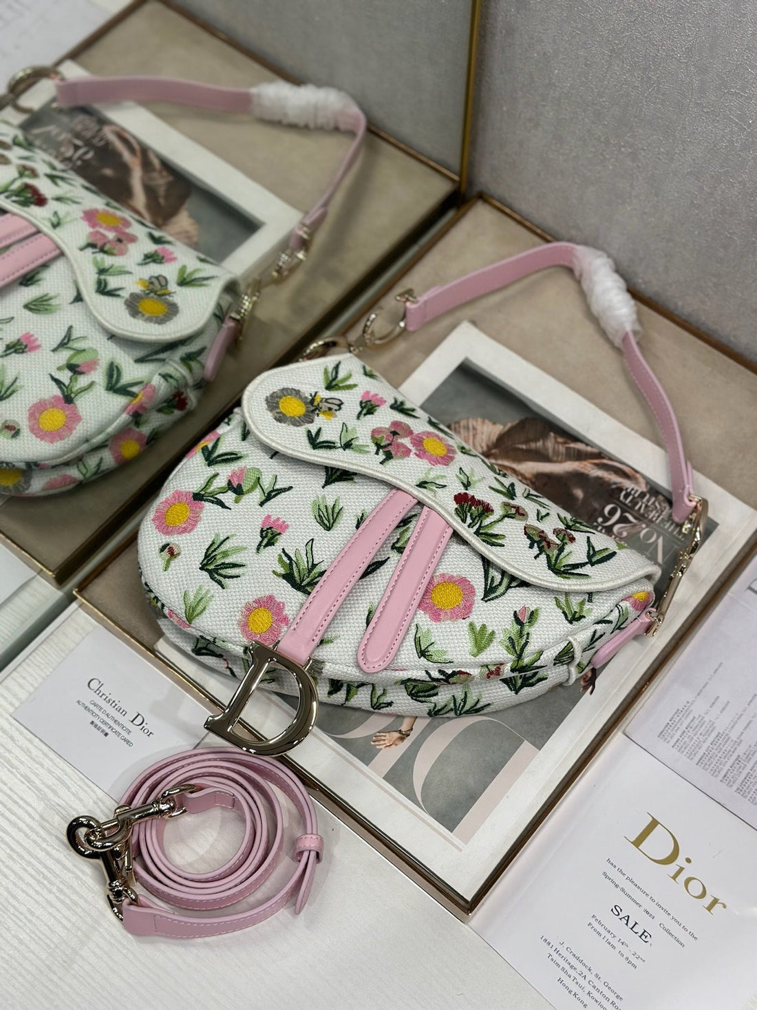 CD Saddle Bag 25.5cm White Floral In Denim 288054