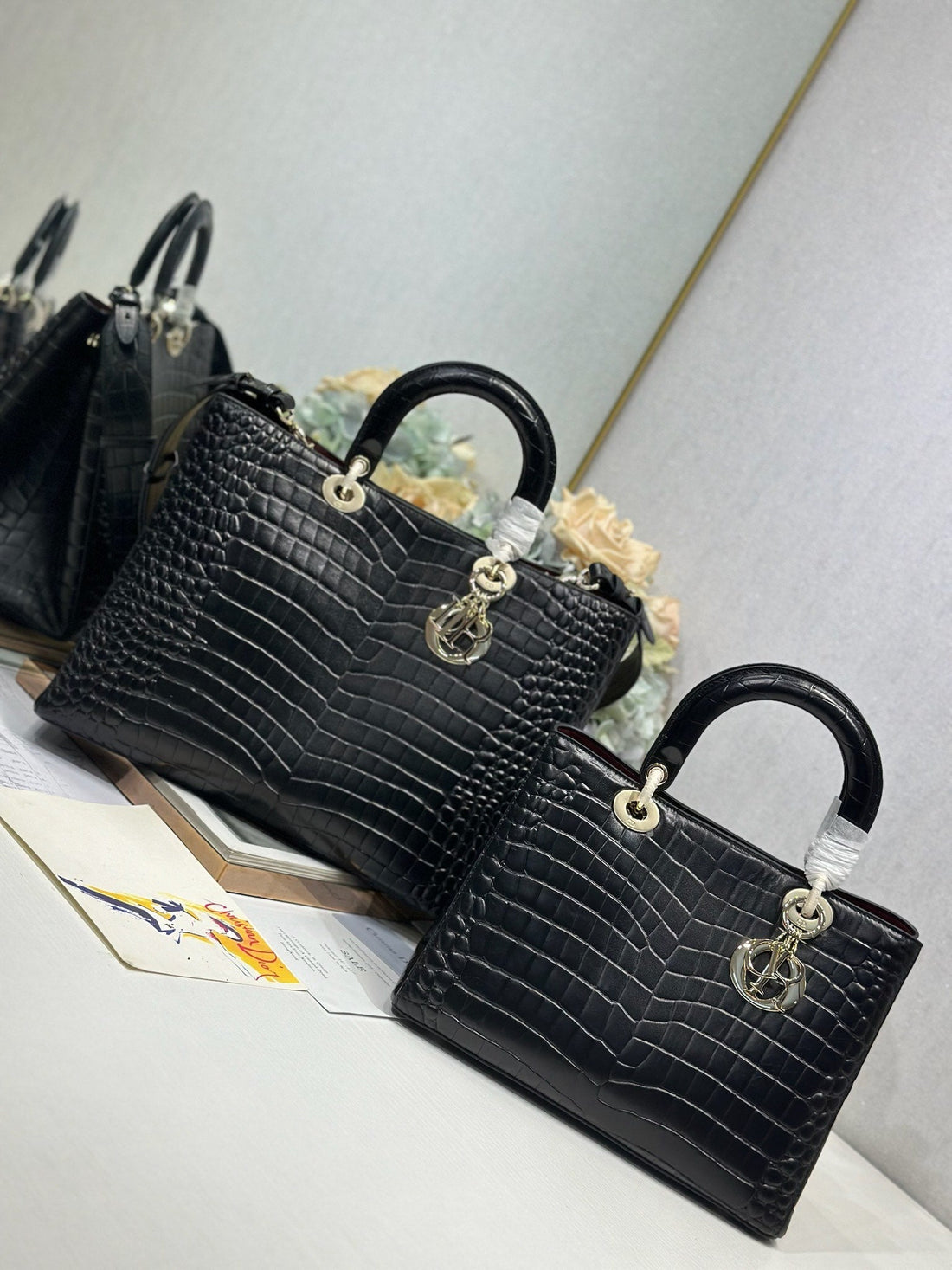 CD Diorissimo Black In Crocodile-Patterned Cowhide 288199
