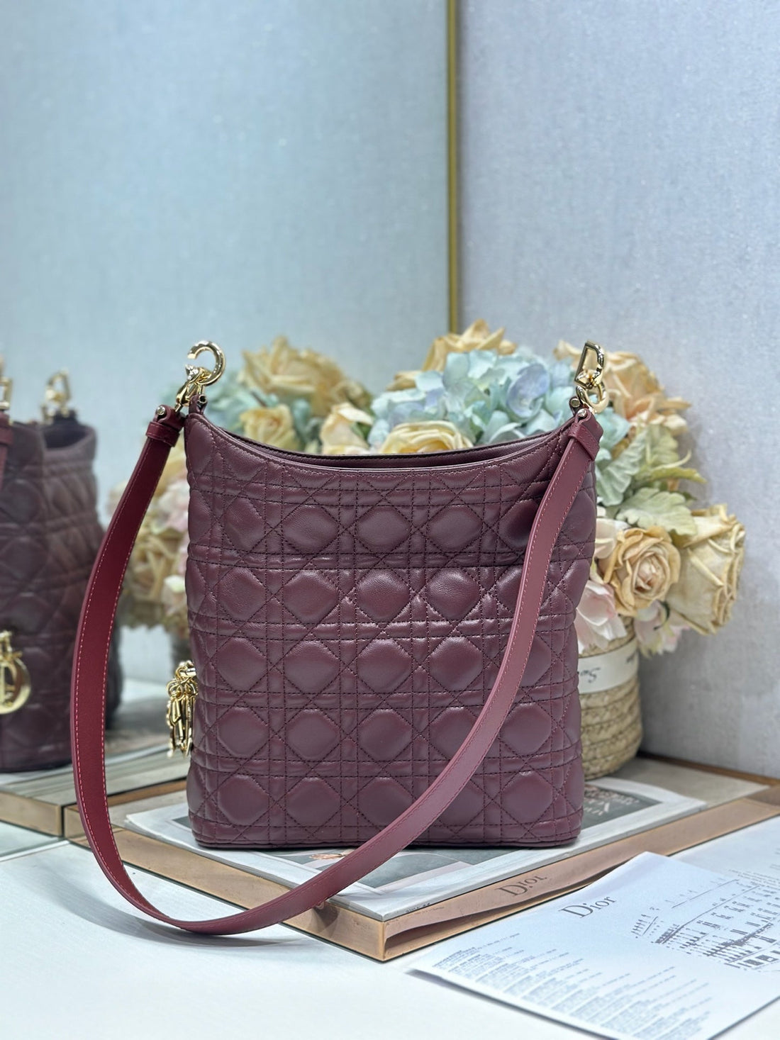 CD Lady Dior Shoulder Bag 27CM Burgundy In Sheepskin 155556