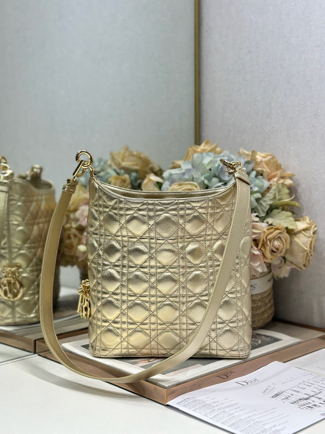 CD Lady Dior Shoulder Bag 27CM Gold Metallic In Sheepskin 155559