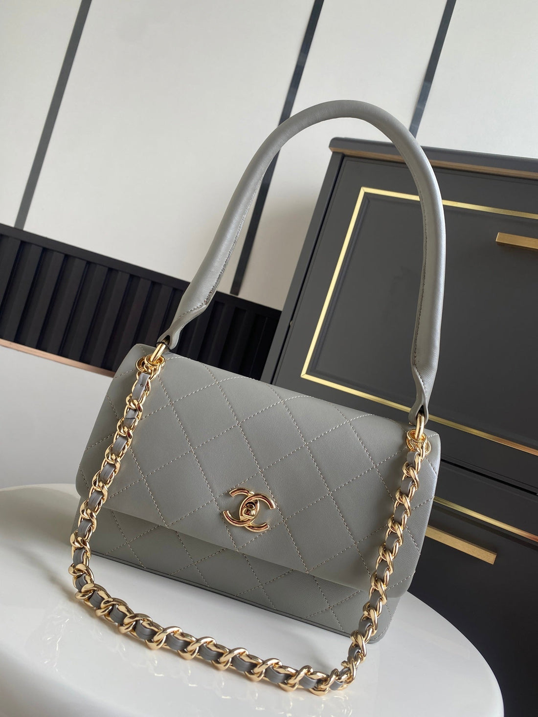 CC Mini Flap Top Handle Bag 25CM Light Grey Lambskin