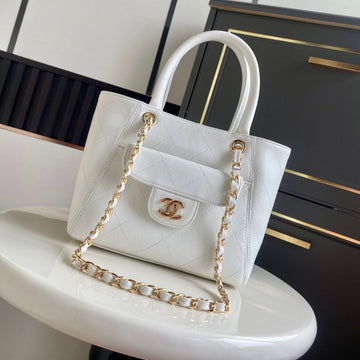 CC Tote Bag 25CM White Caviar Cowhide
