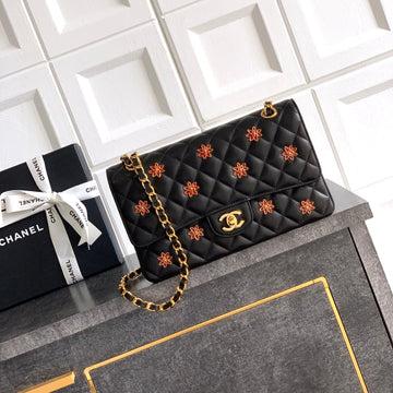 CC Flower Embellished Handbag 25.5cm Black Lambskin