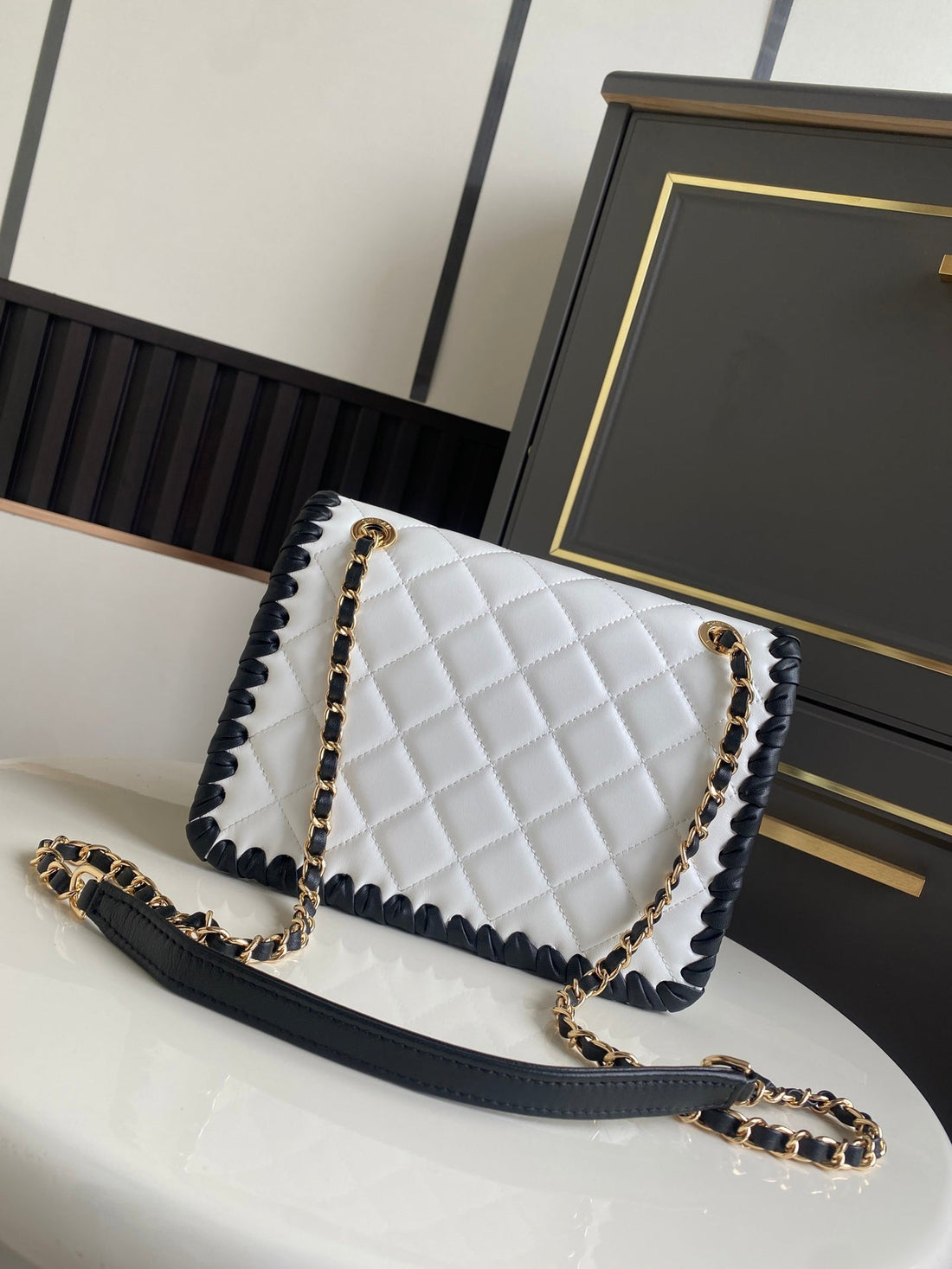CC Flap Bag 22CM White Lambskin With Black Braided Trim