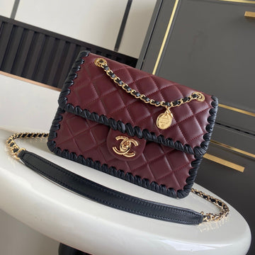 CC Flap Bag 22CM Burgundy Lambskin With Black Braided Trim