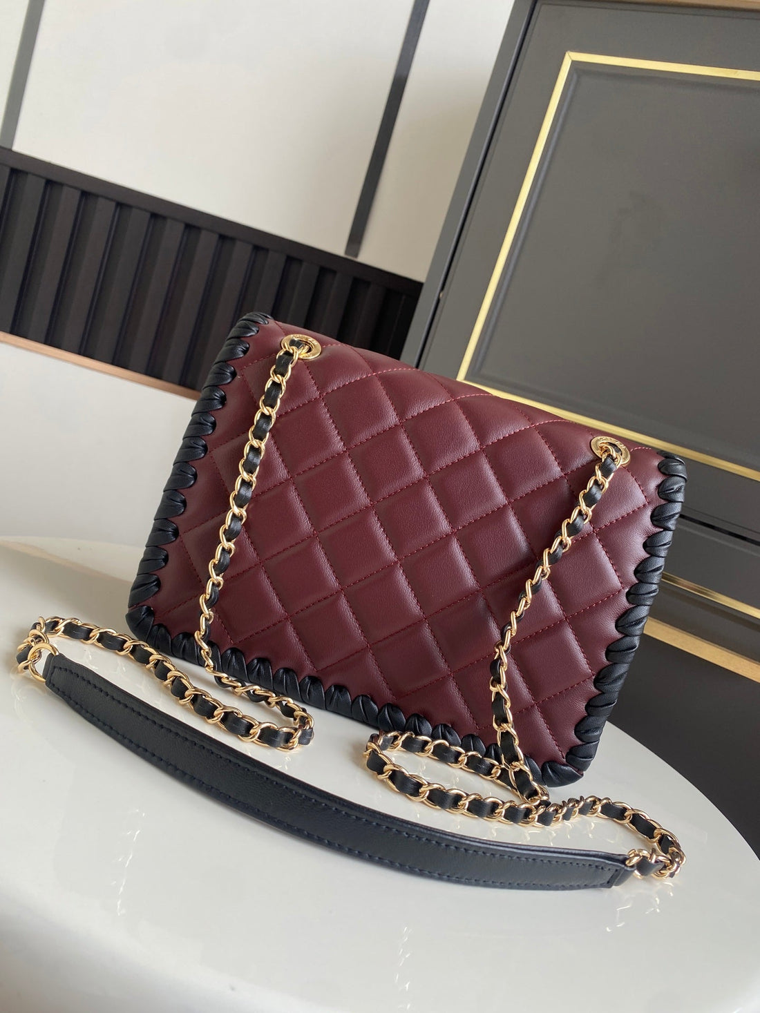 CC Flap Bag 22CM Burgundy Lambskin With Black Braided Trim