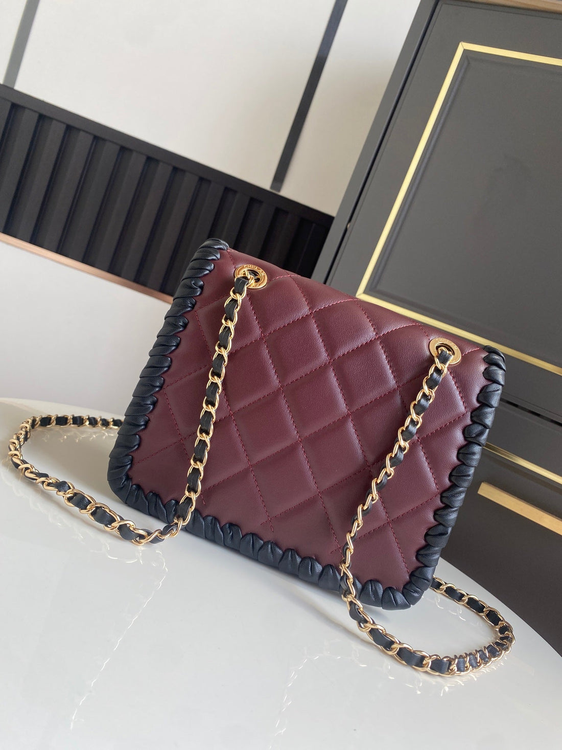 CC Flap Bag 15CM Burgundy Lambskin With Black Braided Trim