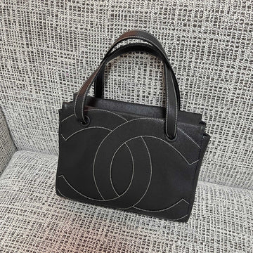 CC Vintage Contrast Stitch Tote Bag 29CM Black Caviar Leather