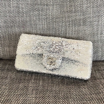 CC Flap Shoulder Bag 24CM Silver White Sequins