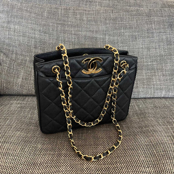 CC Vintage CC Lock Tote Bag 28CM Black Cowhide