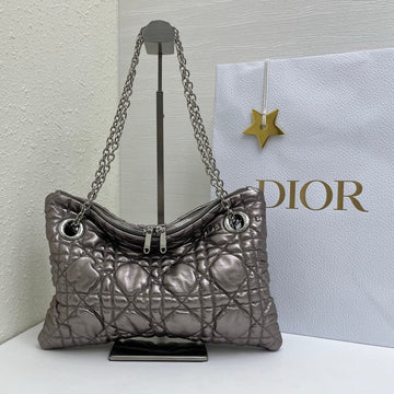 CD Small Cannage Quilted Tote Bag Silver Metallic Cowhide 158105
