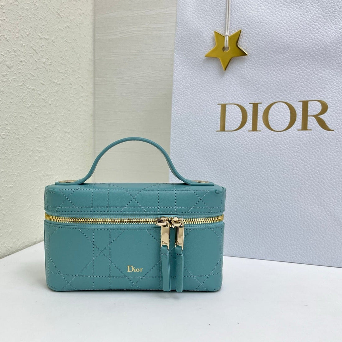 CD Cannage Vanity Chain Bag 19CM Turquoise Blue Cowhide 158123