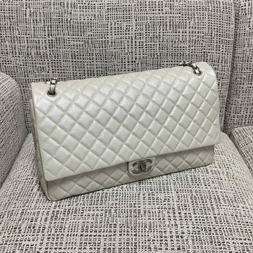 CC Classic Flap Bag 46.5cm Pearl White Caviar Calfskin Leather Shw