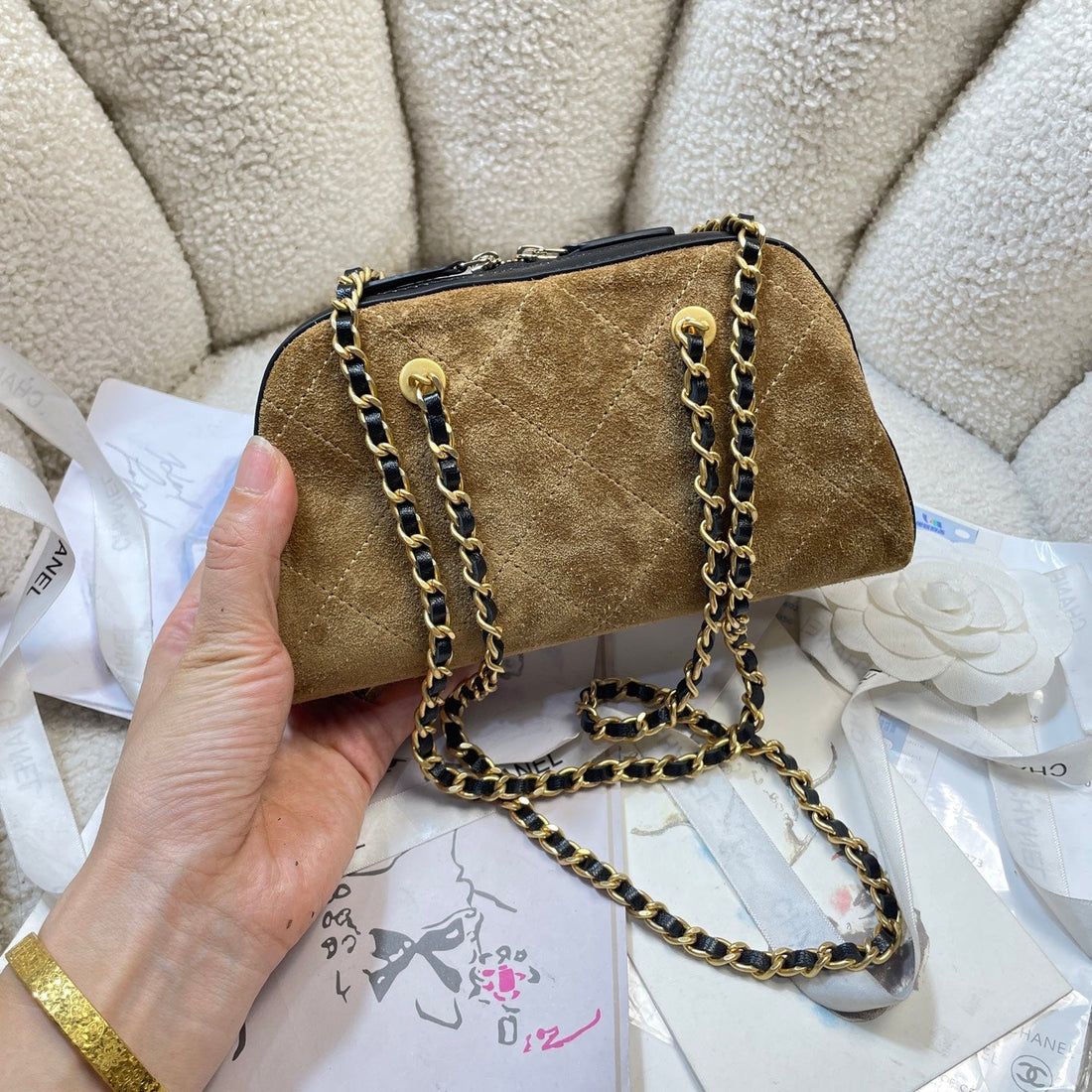CC 26P Bowling Bag Chain Strap 19.5cn Camel Suede Ghw